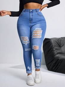 SHEIN SXY Plus Size Elastic Distressed Denim Jeans