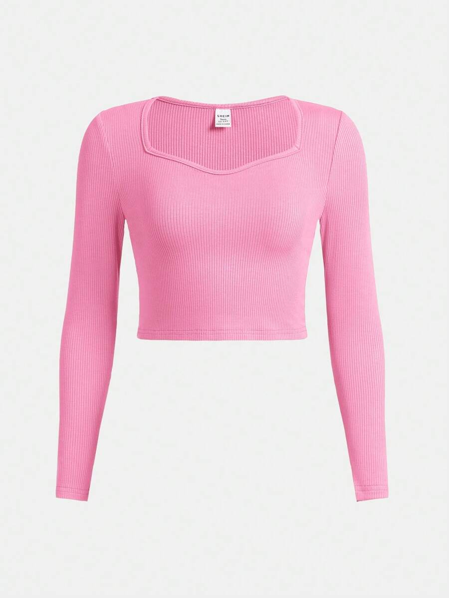 SHEIN Girlism 少女用肋編緞帶衫,純色甜美領口長袖優雅t恤 - 西瓜粉 - 查看 1