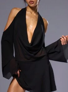 MUSERA Abito nero sexy con scollo profondo e spalle scoperte, outfit per Ibiza, vacanze, club, estate, festival, uscite serali, appuntamenti autunnali, feste di Ognissanti, look chic - nero - Visualizzare 5