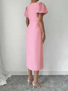 Elenzga Vestido elegante de mujer de unicolor con cuello redondo, manga corta abullonada y ajustado hasta la mitad del muslo, conjunto de mujer de verano maxivestido