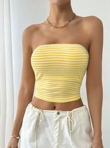 Flirla Parte superior corta tipo bandeau a rayas de verano para mujer - Amarillo - Ver 5