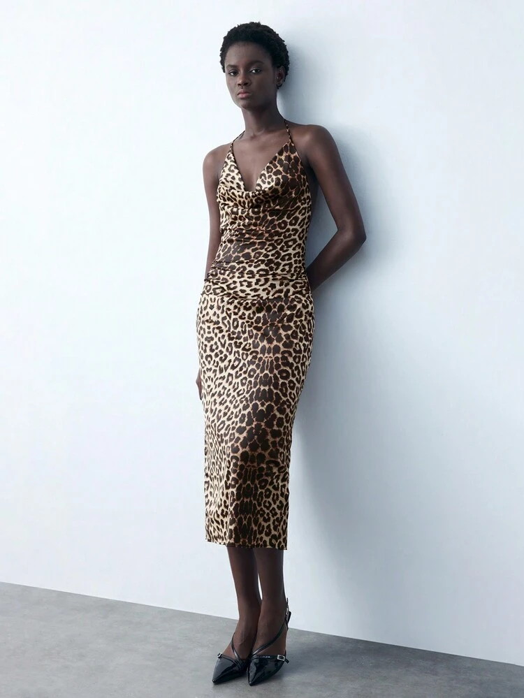 SHEIN Maija Women's Backless Animal Print Dress With Neck Tie, For Vacation