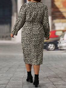 SHEIN Clasi 时尚秋冬 V 领长喇叭袖褶饰荷叶边大码宽松花卉中长款休闲连衣裙女装