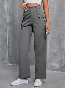 SHEIN EZwear 卡其色高腰翻盖口袋工装裤 - 灰色 - 查看 4