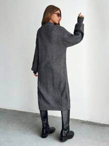 SHEIN PETITE Petite Cable Knit Drop Shoulder Cardigan - Dark Grey - View 2