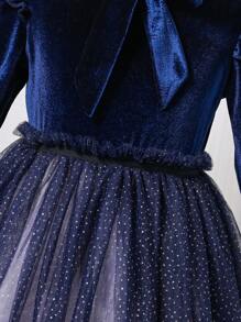 Young Girls Solid Color Patchwork Long Sleeve Ruffle Hem Dress - Royal Blue - View 5