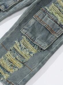 SHEIN Celana Kargo Denim Lurus Warna Biru Muda dengan Banyak Kantong, Sobek, dan Banyak Saku, Gaya Streetwear Vintage untuk Anak Perempuan, Cocok untuk Sekolah, Kampus, atau Perguruan Tinggi. - Light Wash - View 8