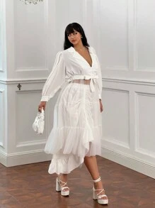 Flirla Đầm sơ mi dài tay màu trơn cỡ lớn tay đèn lồng trong suốt dài đến đầu gối - trắng - Xem 6
