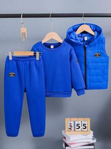 SHEIN 3pcs/Set Young Boy  Vest + Fleece Hoodie Outfit - Royal Blue - View 1