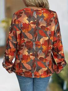 EMERY ROSE 大码女式树叶印花 V 领长袖休闲上衣，春秋季 - 黃色 - 查看 2