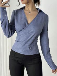 Chiquease Women's Asymmetric Hem Wrap Cinched Waist Shirt, Short Front Long Back Fall Cloth For Women - Medium Wash - View 3