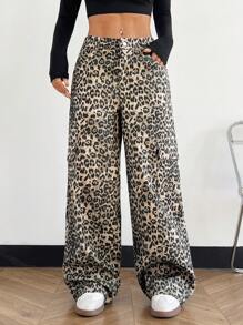 SHEIN EZwear Leopard Print Button Front Pocket Straight Leg Casual Cargo Pants - Beige - View 4