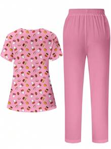 PopScrub Áo thun tay ngắn in họa tiết cổ chữ V cho nữ và quần dài màu trơn, bộ đồng phục - Hồng - Xem 2