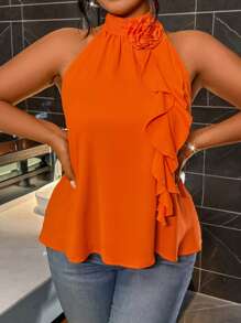 SHEIN Clasi 大码女式夏季花卉装饰荷叶边露背优雅衬衫 - 橘色 - 查看 3