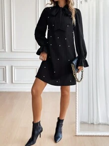 Opuloom Women Dresses Manik manik Mutiara Dasi Depan Plain Anggun - Hitam - View 3