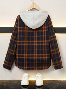 SHEIN Tween Boys Plaid Hooded Shirt, Suitable For Commuting, School, Casual, Collegiate Style, Sport, Autumn/Winter, Versatile - Royal Blue - View 2