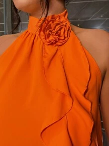 SHEIN Clasi 大码女式夏季花卉装饰荷叶边露背优雅衬衫 - 橘色 - 查看 8