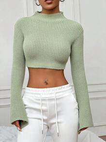 Flirla Suéter ajustado de manga larga con cuello alto de unicolor, otoño/invierno para mujeres
