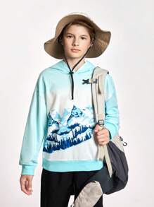 SHEIN Sudadera con capucha de manga larga con estampado digital, informal y para deportes al aire libre, para niño preadolescente, otoño/invierno