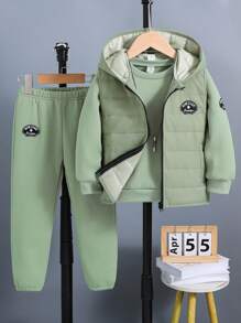 SHEIN 3 件装年轻男孩字母图案连帽加垫背心和羊毛运动衫和运动裤休闲套装，秋冬 - 綠色 - 查看 4