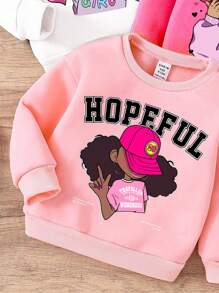 SHEIN 3pcs/Set Cute/Cool/Black/Baby Girl Thick Thermal Lined Graphic Print Long Sleeve Sweatshirt Set, White+Pink+Peach, For Autumn/Winter