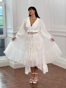 Flirla Đầm sơ mi dài tay màu trơn cỡ lớn tay đèn lồng trong suốt dài đến đầu gối - trắng - Xem 1