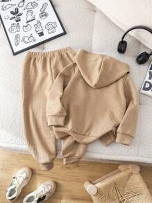 SHEIN 2pcs Baby Boy & Girl Casual Hooded Sweatshirt & Elastic Waist Pants Set, Khaki Textured Fabric, Suitable For Autumn & Winter - Multicolor - View 11