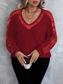EMERY ROSE Camiseta casual de manga larga con cuello en V, efecto brillo y parches para mujer talla grande. Ideal para usar en la primavera, otoño y como atuendo para el Año Nuevo.