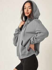 EURMUSE Drop Shoulder Zip Up Drawstring Thermal Hoodie - Grey - View 3
