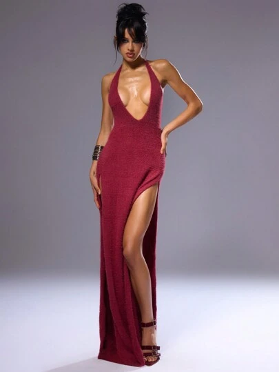 MUSERA 性感超高开衩针织连衣裙，优雅夏季