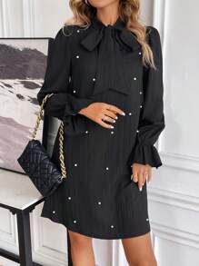 Opuloom Women Dresses Manik manik Mutiara Dasi Depan Plain Anggun - Hitam - View 5