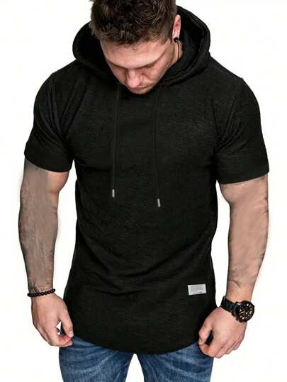 Manfinity Homme Men Plus Size Basic Patched Detail Plain Short Sleeve Drawstring Hooded Tee, For Going Out