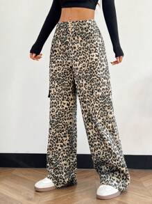 SHEIN EZwear Leopard Print Button Front Pocket Straight Leg Casual Cargo Pants - Beige - View 5