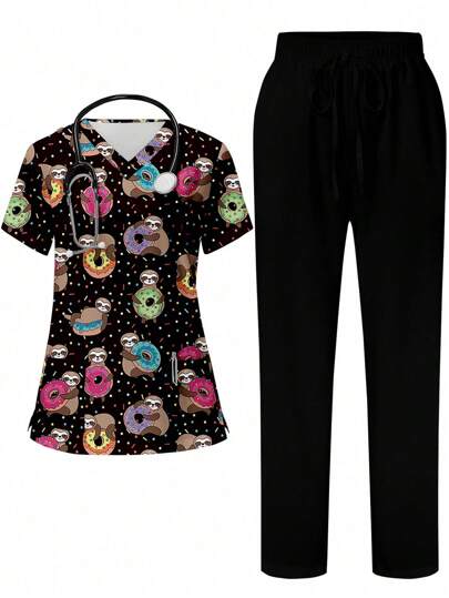 PopScrub Vrouwen V-hals bedrukte top met korte mouwen en effen broek, uniformset