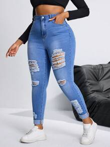 SHEIN SXY Plus Size Elastic Distressed Denim Jeans