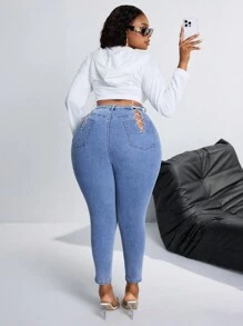 SHEIN SXY Elastischer Taillenbund Kordelzug Dekor eng anliegende Skinny Jeans in Große Größen