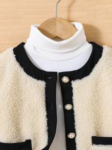 SHEIN Young Girl Casual Contrast Color Long Sleeve Pocket Jacket, Suitable For Layering With Various Tops And Pants, Suitable For Daily Outings In Autumn And Winter