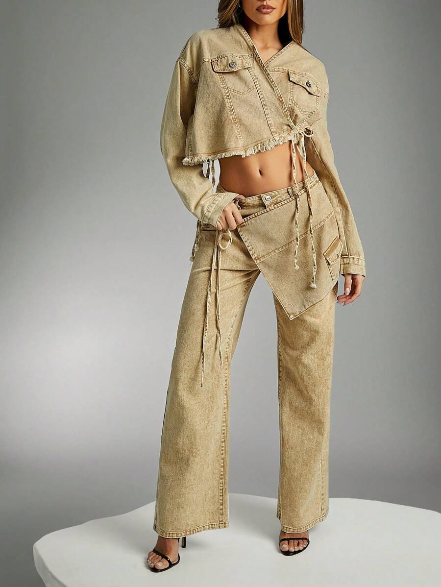 Fall, Women Khaki Low-Waisted Wide-Leg Denim Trousers With Tie-Up Features And Functional Pocket Details. For Concerts, Performances, Music Festivals - Khaki - View 1