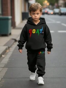 SHEIN Leap Crew 2 件套“GOAT，史上最伟大”和“年轻男孩”宽松休闲连帽衫，面料较厚，适合秋冬季 - 黑色 - 查看 1