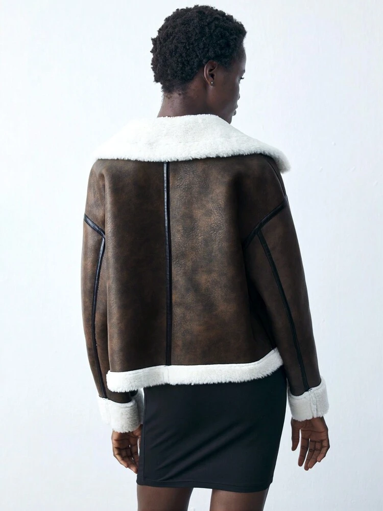 SHEIN Maija Giacca bomber casual con chiusura lampo frontale in pelle marrone e patchwork di pelliccia, semplice, da donna, per autunno/inverno