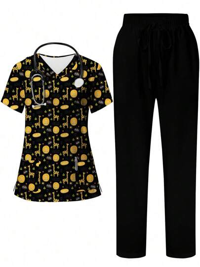 PopScrub 女式全印花短袖上衣和纯色裤子/护士制服套装、手术服套装
