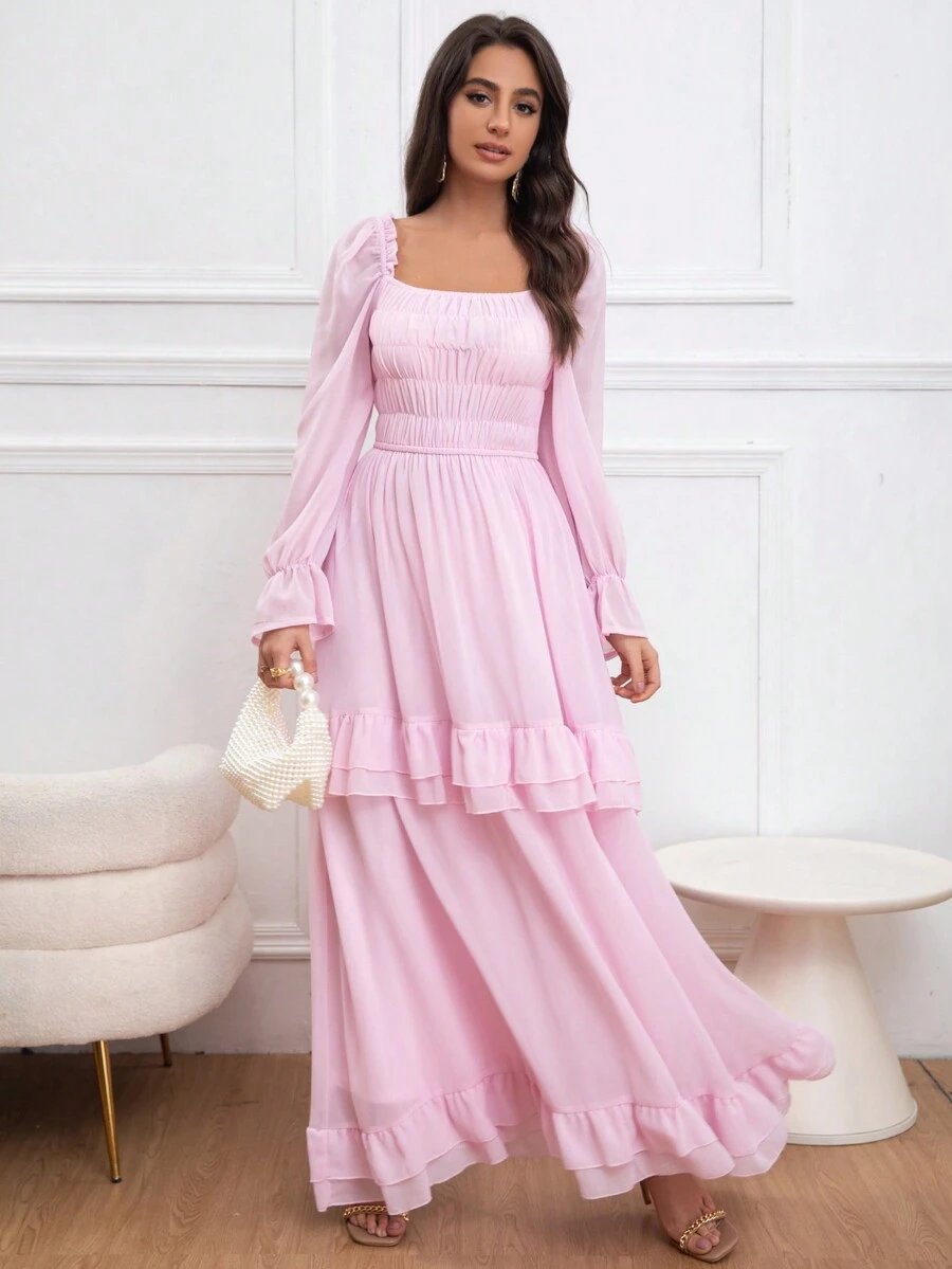 Eilly Bazar 女士春季褶皱蓬松长袖褶皱收腰长裙，情人节公主风，优雅场合礼服，新娘送礼会礼服婚纱，新娘