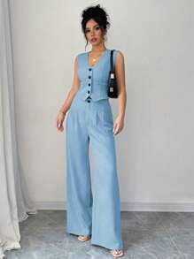 Elenzga 2 piezas Conjunto de traje informal con top blazer sin mangas y pantalones