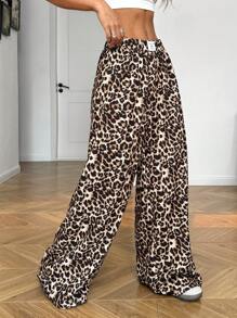 SHEIN EZwear Quần ống rộng dệt kim họa tiết da báo cho nữ - Nhiều màu - Xem 4