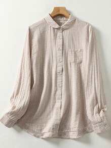 Retro Round Neck Classic Plaid Shirt, Linen-Like Casual Long Sleeve Blouse For Women - Khaki - View 1