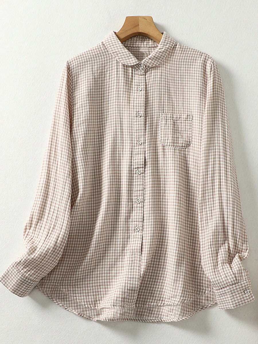 Retro Round Neck Classic Plaid Shirt, Linen-Like Casual Long Sleeve Blouse For Women - Khaki - View 1