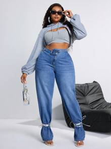 SHEIN SXY Plus Size Women's Denim Casual Pants With Asymmetric Waistline And Tie-Hem Detail - Medium Wash - View 3