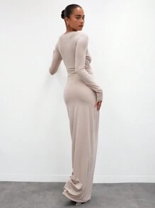 MUSERA ESSENTIALS Long Sleeve Modal Maxi Dress Elegant Spring Summer Vacation Party Bridal Bachelorette Hen Do Wedding - Khaki - View 3