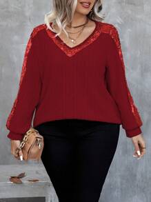 EMERY ROSE Camiseta casual de manga larga con cuello en V, efecto brillo y parches para mujer talla grande. Ideal para usar en la primavera, otoño y como atuendo para el Año Nuevo.