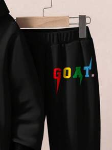 SHEIN Leap Crew 2 件套“GOAT，史上最伟大”和“年轻男孩”宽松休闲连帽衫，面料较厚，适合秋冬季 - 黑色 - 查看 5